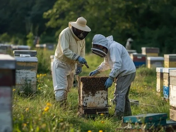 Pszczelarz przy ulach w pasiece rodzinnej